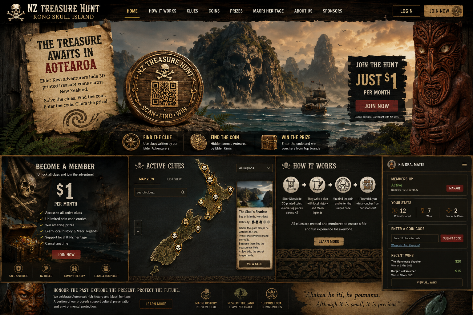 NZ Treasure Hunt Kong Skull Island homepage with treasure map, coin hunt, member panel, clues, prize flow, and account sidebar.